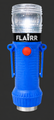 Standalone profile view of the blue FLAIRR Guardian electronic flare highlighting its large power button and side utility hooks.