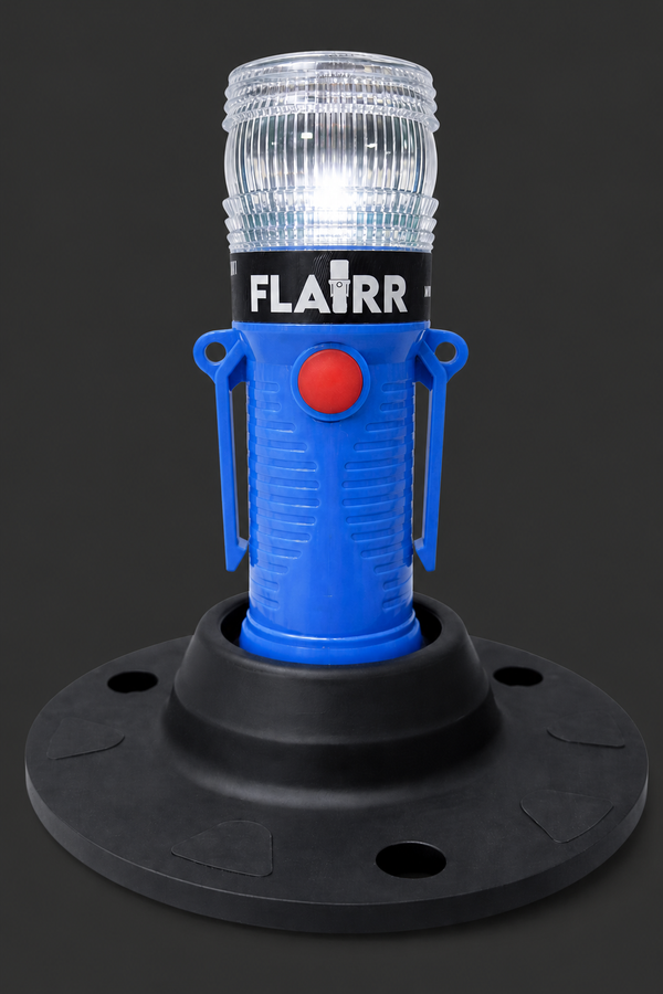 FLAIRR Guardian electronic road flare sitting in its heavy-duty removable rubber base plate for stability on roadside surfaces.