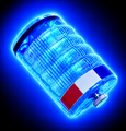 FLAIRR Protector wearable personal safety body light illuminated in bright blue for officer and first responder visibility.